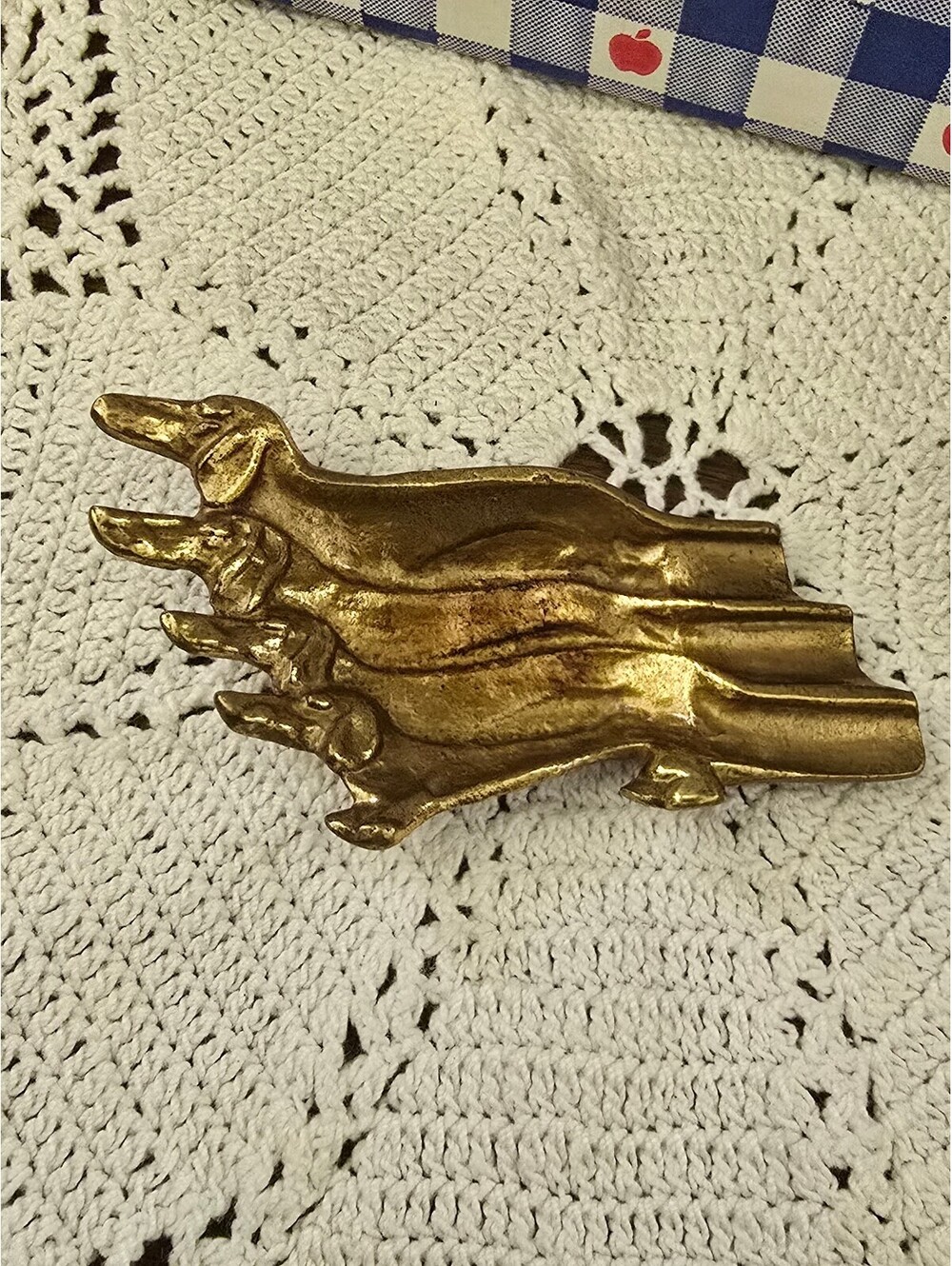 Brass Dachshund Dog Family Footed Trinket jewelry holder